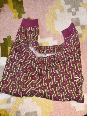 Puma Maroon Track Pants with Multicolor Retro Stripe Pattern